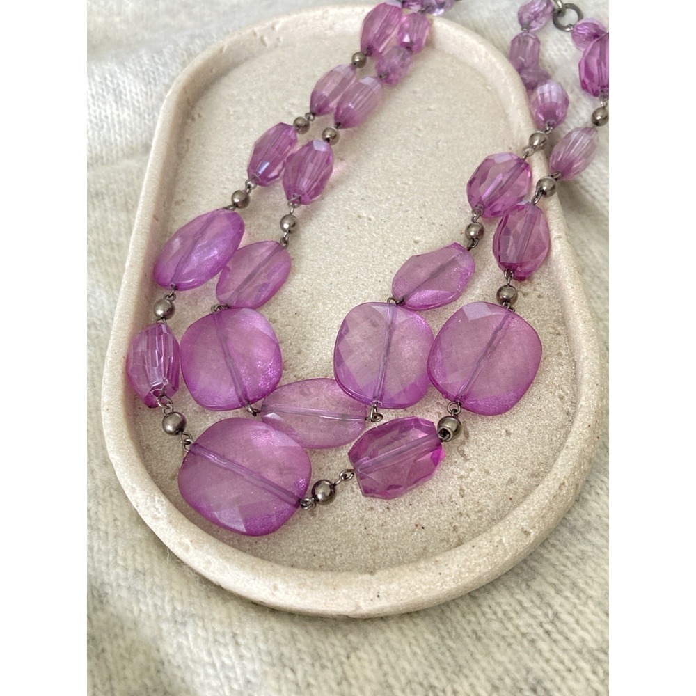 Purple Faceted Beaded Statement Necklace Double Strand Silver Tone NY Costume‎